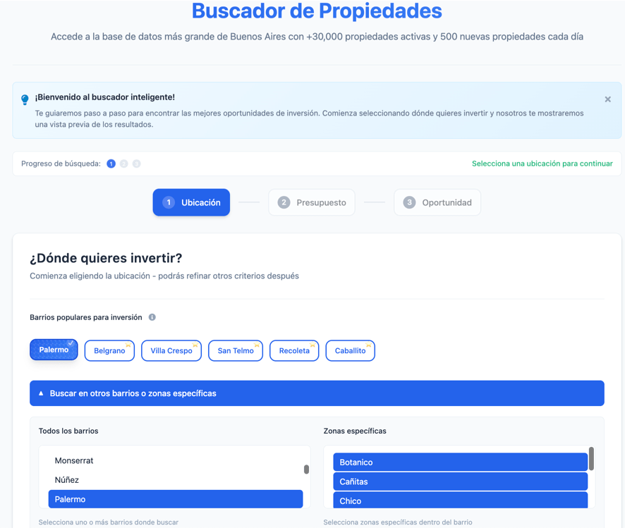 Filtros avanzados del buscador de propiedades Valoris con más de 25 criterios