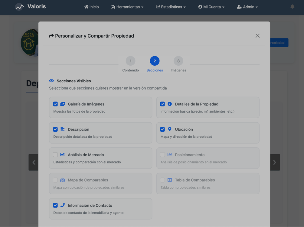 Compartir resultados de búsqueda con branding personalizado y logo de inmobiliaria