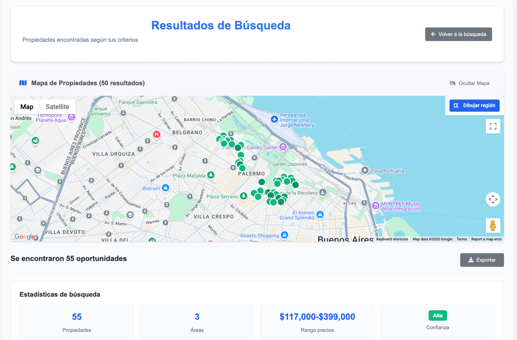 Resultados de búsqueda con mapa interactivo de propiedades en Buenos Aires