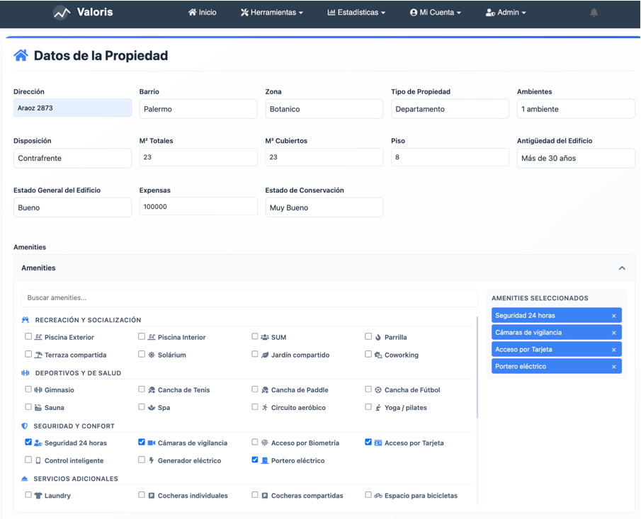 Panel de ingreso de datos del tasador automático Valoris para propiedades en Buenos Aires